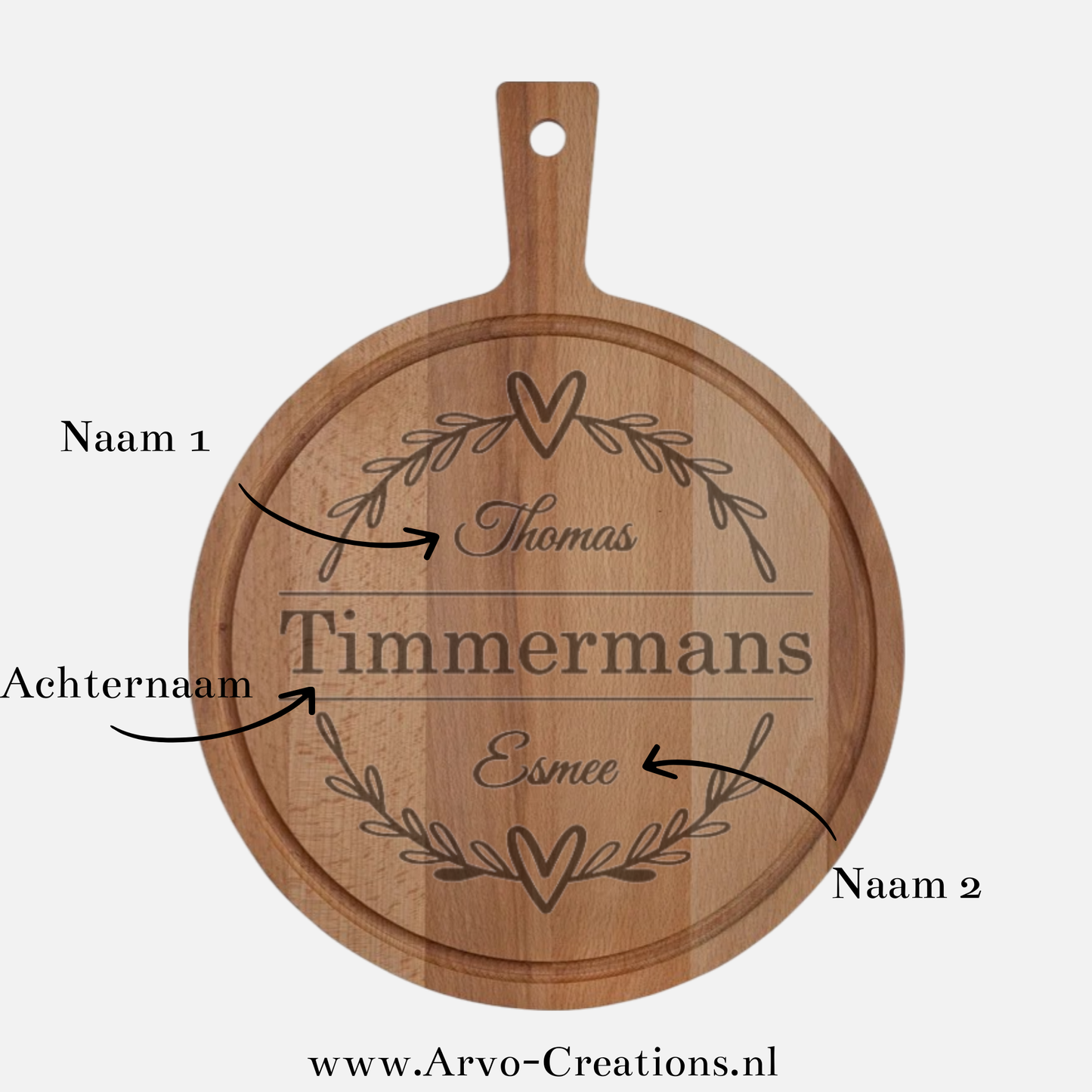 Personaliseerbare Houten Borrelplank met Olijftakjes en Hartjes rond