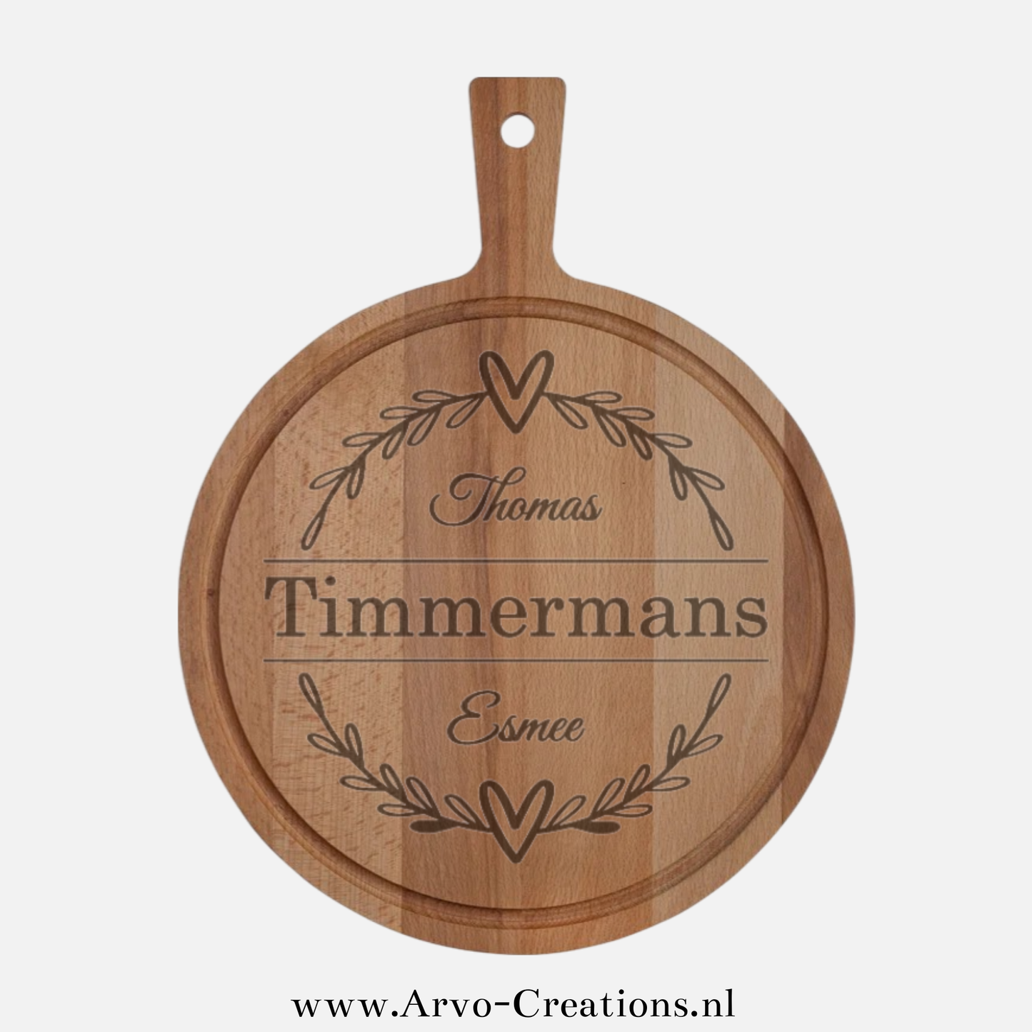 Personaliseerbare Houten Borrelplank met Olijftakjes en Hartjes rond