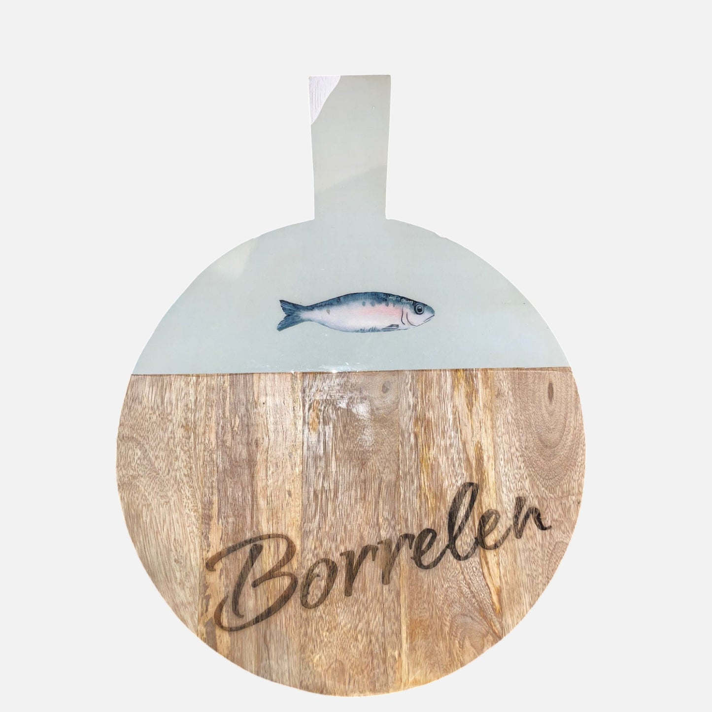 Ronde borrelplank vis met woord borrelen erop