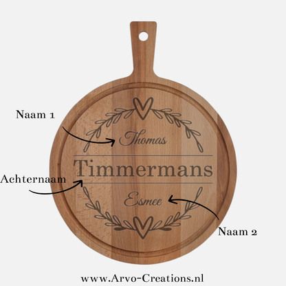 Personaliseerbare Houten Borrelplank met Olijftakjes en Hartjes rond