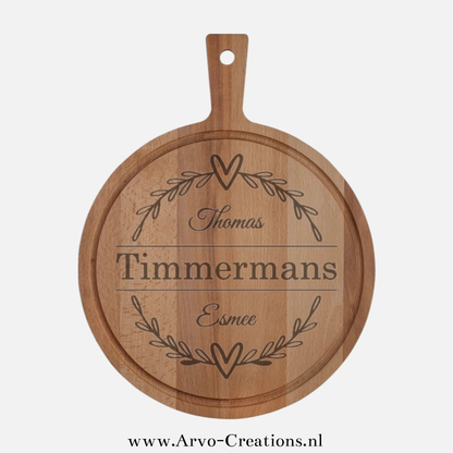 Personaliseerbare Houten Borrelplank met Olijftakjes en Hartjes rond