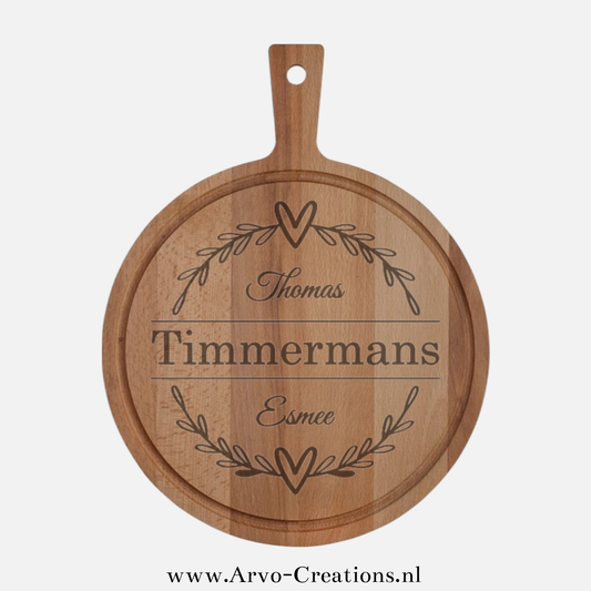 Personaliseerbare Houten Borrelplank met Olijftakjes en Hartjes rond