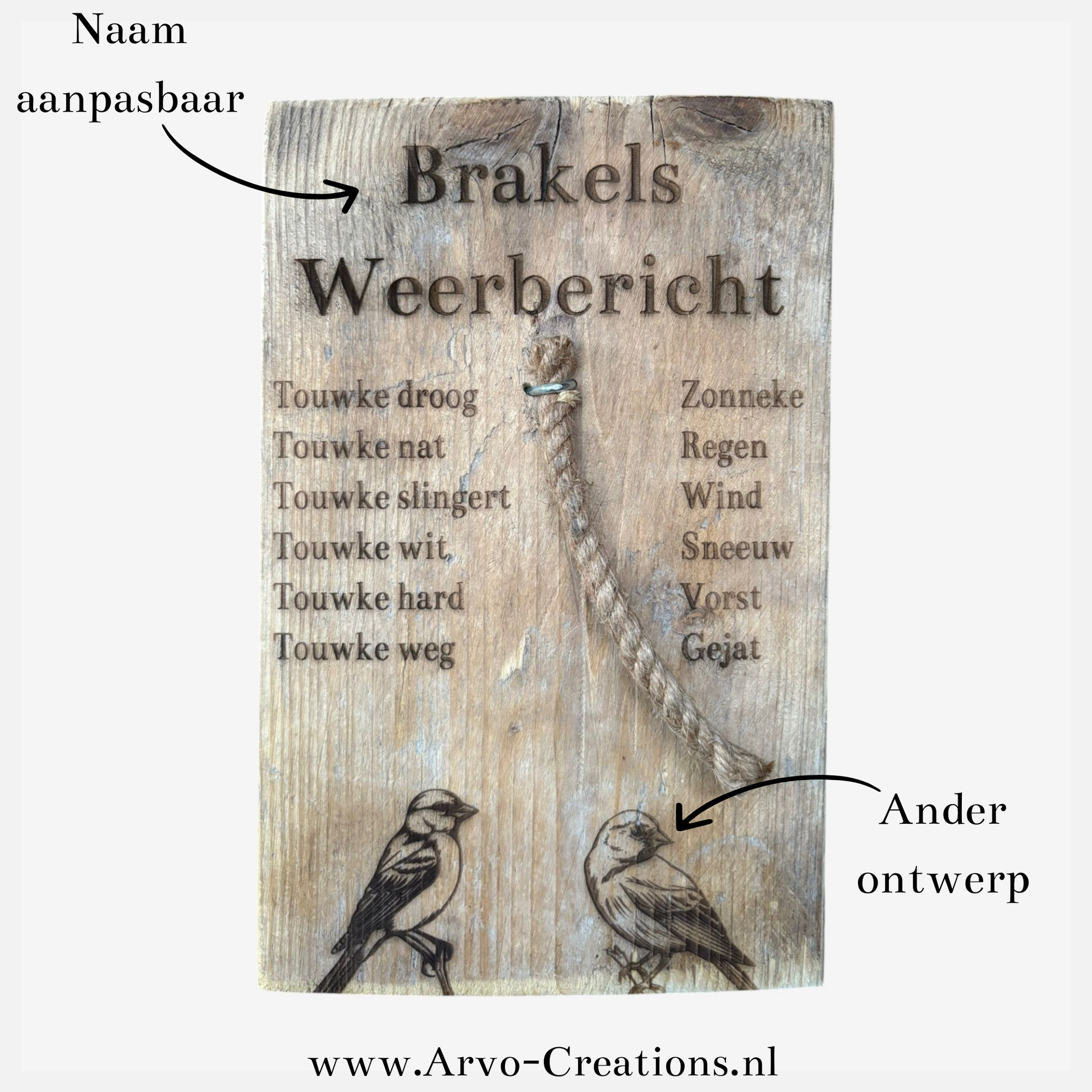 Steigerhouten weerplankje 30x19,5 cm met touwtje in het midden en weerbericht gravure links en rechts. uitleg wat je allemaal aan kan passen