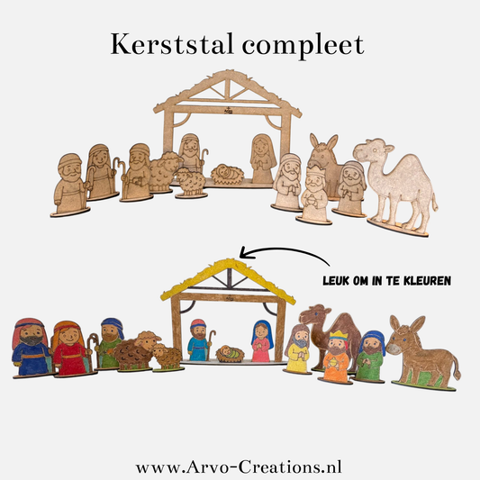 Houten kerststal van Arvo Light met stalletje, Jozef, Maria, kindje Jezus, herders, wijzen, ezel, kameel en schapen, inclusief grondplaatjes en gratis set stiften om de figuren in te kleuren, handgemaakt van MDF-hout, geschikt voor kinderen en volwassenen, kerstdecoratie en cadeau.
