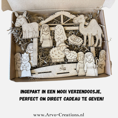 De kerststal is mooi ingepakt in een verzenddosje