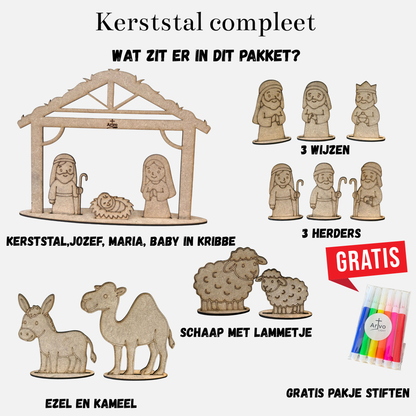 Kerststal inhoud pakket, 3 wijzen, 3 herders, kerststal jozef, maria, baby in kribbe, schaap met ammetje, ezel, kameel, GRATIS pakje stiften