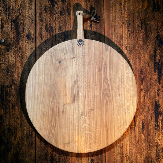 Exclusieve Frans eiken borrelplank rond 58 cm met handvat